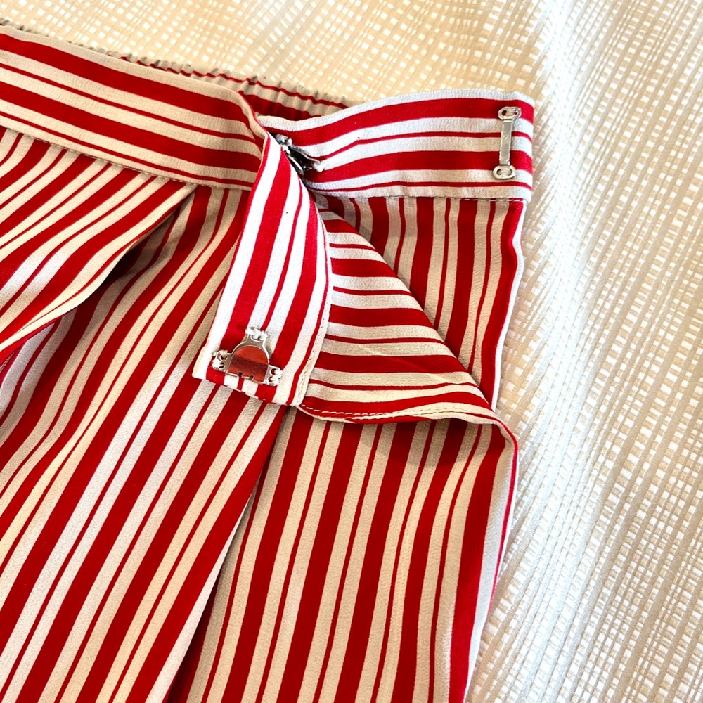 100% Silk Striped High Rise Relaxed Pants Red and Tan Vintage 90s Minimalist - Picture 11 of 16
